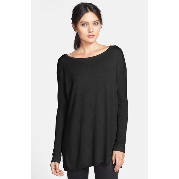 Nordstrom Trouve Side Slit Tunic Sweater Black - Picture 1 of 10